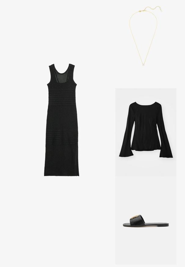 Schwarzes Langarmshirt mit einem Rundhalsausschnitt. Besitzt ausgestellte Ärmel und einen leicht lockeren Schnitt. Hergestellt aus einem glatten, elastischen Stoff.; Schwarzes gehäkeltes Maxikleid mit runder Ausschnittlinie, das offene Strickabschnitte und horizontale Bänder aufweist. Knielang mit seitlichen Schlitzen.; Schwarze Leder-Slidesandalen mit offener Zehenpartie, flacher Sohle und einem dekorativen goldenen Akzent auf dem Obermaterial. Glatte Textur mit minimalistischem Design.; Schwarze gesteppte Ledertasche mit einem gerafften oberen Teil, goldfarbener Kettenriemen und rechteckiger Form, vor einem schlichten Hintergrund gehalten.; Goldene Halskette mit einem einzelnen Diamantenanhänger, der ein filigranes Design und eine strukturierte Kette aufweist, in der Länge verstellbar, funkelt im Licht.