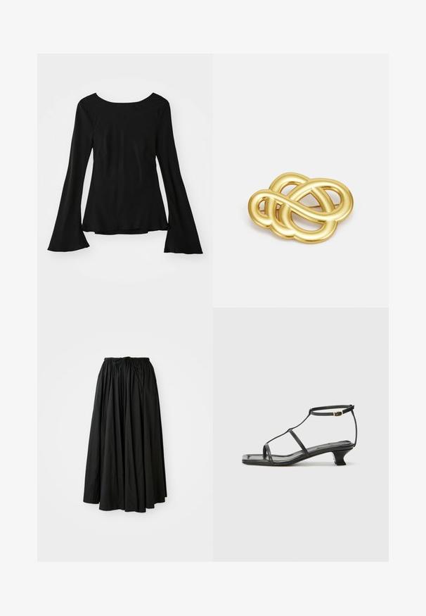 Zwarte lange mouw top met een ronde hals. Heeft uitlopende mouwen en een iets losse pasvorm. Gemaakt van een zachte, rekbare stof.; Zwarte, enkellange rok van lichtgewicht stof. Heeft een verzamelde tailleband met een trekkoord voor een verstelbare pasvorm en een uitlopende silhout van.; Zwarte leren sandaal met een vierkante neus, dunne banden, een verstelbare enkelriem en een lage hak. Heeft een kleine gouden accent op de band.; Goudkleurige broche met een knoopontwerp, featuring gladde, gebogen lijnen en een ingewikkelde vorm, wat zorgt voor een gepolijste afwerking.