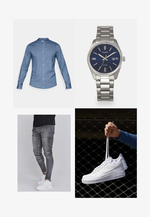 Blauwe overhemdd met een bandkraag, lange mouwen en een gladde stoffen textuur. Voorzien van een knoopsluiting aan de voorkant en geen zichtbare patronen.; Skinny jeans in vervaagd grijs denim, met versleten details op de knieën, gecombineerd met witte sneakers. Gladde textuur, slank model.; Witte leren sneakers met perforaties, ronde neus, vlakke zool en dikke veters, met een zichtbare swoosh-logo en "AIR" op de hiel.; Zilveren roestvrijstalen horloge met een marineblauwe wijzerplaat, metalen uurmarkeringen en een datumnis op 3 uur. Waterbestendig tot 50 meter.
