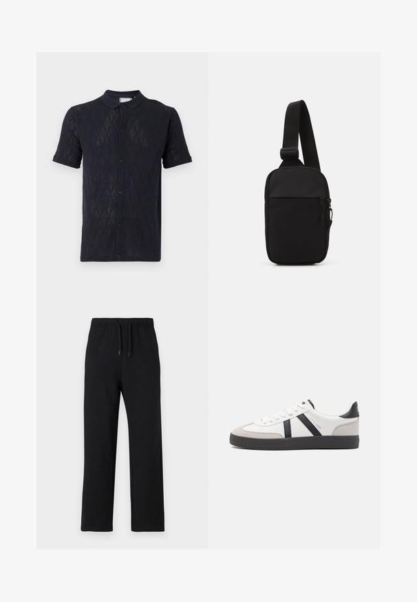 Pletená polokošeľa s krátkym rukávom v tmavomodrej farbe, s diamantovým vzorom, zapínaním na gombíky a rebrovaným golierom a manžetami.; Jack & Jones JPSTKANE JJCHARGE UNCUFFED - Tepláky - black; Biele tenisky s čiernymi a šedými akcentmi, s textúrovanou šedou špičkou, čiernou gumovou podrážkou a plochými bielymi šnúrkami. Čistý dizajn, minimalistický štýl.; Čierna crossbody taška vyrobená z odolnej tkaniny, s jedným nastaviteľným popruhom, so zipsom na hlavnej priehradke a prednou kapsou.