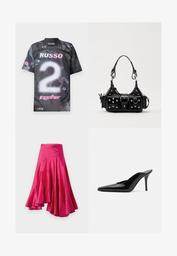Černé tričko s krátkým rukávem a grafickými vzory, s „2“ v bílých tečkách, růžovými akcenty a několika logy v různých barvách.; Sukně z magentového saténu se zvonovým lemem, obsahující vrstvené panely a asymetrický design. Hladká textura a délka do poloviny stehen.; Černé lakované kožené muly na vysokém podpatku s špičatou špičkou a elegantním siluetou, s otevřenou zadní částí a štíhlým stiletto podpatkem.; Černá kožená kabelka s křivkovým designem, zdobená stříbrnými hřebíky, s přezkou a dvěma bočními kapsami. Nastavitelný popruh pro různé možnosti nošení.
