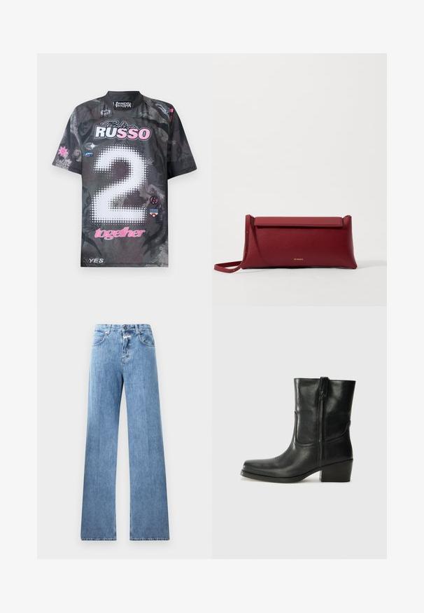 Černé tričko s krátkým rukávem a grafickými vzory, s „2“ v bílých tečkách, růžovými akcenty a několika logy v různých barvách.; Světle modré džíny s širokým střihem, pěti kapsami, poutky na opasek a zapínáním na knoflík. Látka má hladkou texturu.; Černá kožená kotníková bota s kulatou špičkou, blokovým podpatkem, bočním zipem a prošíváním na svršku. Hladký povrch, klasický design.; Červená kožená kabelka na ruku s texturovaným povrchem, s plochým sklápěcím vrchem a krátkým popruhem. Jemné logo značky vepředu.