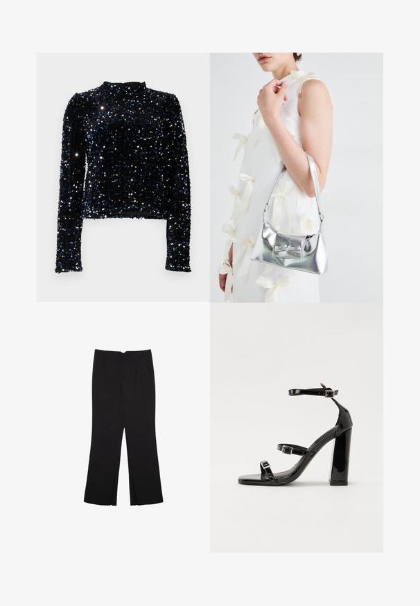 Top nero a maniche lunghe coperto di paillettes con accenti blu e argento, caratterizzato da un collo alto e una silhouette aderente.; Pantaloni neri a gamba dritta, con tasche frontali e spacchi laterali all'orlo. Realizzati in tessuto morbido e liscio. Adatti a diverse occasioni.; Sandali con tacco in vernice nera, con punta squadrata, cinturini alla caviglia e fibbie in argento. Presentano un tacco a blocco spesso per maggiore stabilità.; Borsa a mano metallica argento con forma strutturata, dotata di manico superiore e dettaglio a fiocco sulla parte frontale. Texture liscia e finitura riflettente.