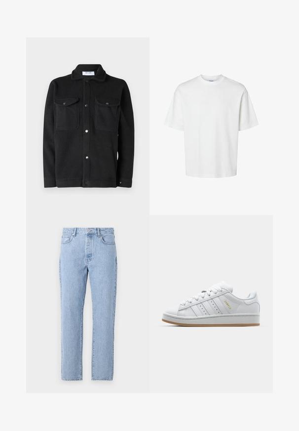 Only & Sons ONSEMILIO - Marškiniai - black; Balta medvilninė marškinė su trumpomis rankovėmis, apvaliu iškirpimu ir laisvu siluetu. Lygus paviršius be matomų raštų ar akcentų.; Šviesiai mėlyni džinsai su tiesiomis kojomis, penkiais kišenėmis ir mygtukų užsegimu. Minkšta tekstūra su klasikinio blukimo apdaila.; Baltos sportbačiai su perforuotu trimis dryželiais, tekstūruotais akcentais, guminiais padais ir auksiniu "CAMPUS" logotipu šone.