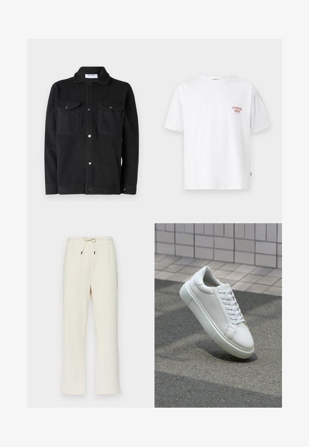 Only & Sons ONSEMILIO - Camicia - black; T-shirt bianco in cotone con maniche corte e colletto a girocollo, con una piccola grafica testuale rossa nella zona del petto sinistro.; Pantaloni della tuta a coste color crema con vita regolabile tramite cordoncino, dotati di due tasche laterali e design a gamba dritta.; Sneaker bianco in pelle con superficie liscia, punta rotonda e lacci piatti bianchi. Presenta una suola in gomma texturizzata e un design minimale.