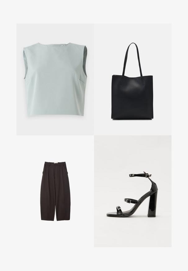 Hladký, bezrukávový crop top v mäkkej, svetlom modrej látke. Má okrúhly výstrih a jemné švy, vyrobený z ľahkého materiálu.; Čierne široké nohavice vyrobené z hladkej tkaniny, s vysokým pásom, prednými skladmi a bočnými vreckami. Jednoduchý dizajn bez ozdôb.; Čierne lakované sandále na podpätku so štvorcovou špičkou, navlečenými remienkami okolo členku a striebornými prackami. Disponujú masívnym blokovým podpätkom pre stabilitu.; Čierna kožená taška na rameno s hladkým povrchom, obdĺžnikovým tvarom a dvoma dlhými uchami. Bez viditeľného kovania alebo ozdôb.