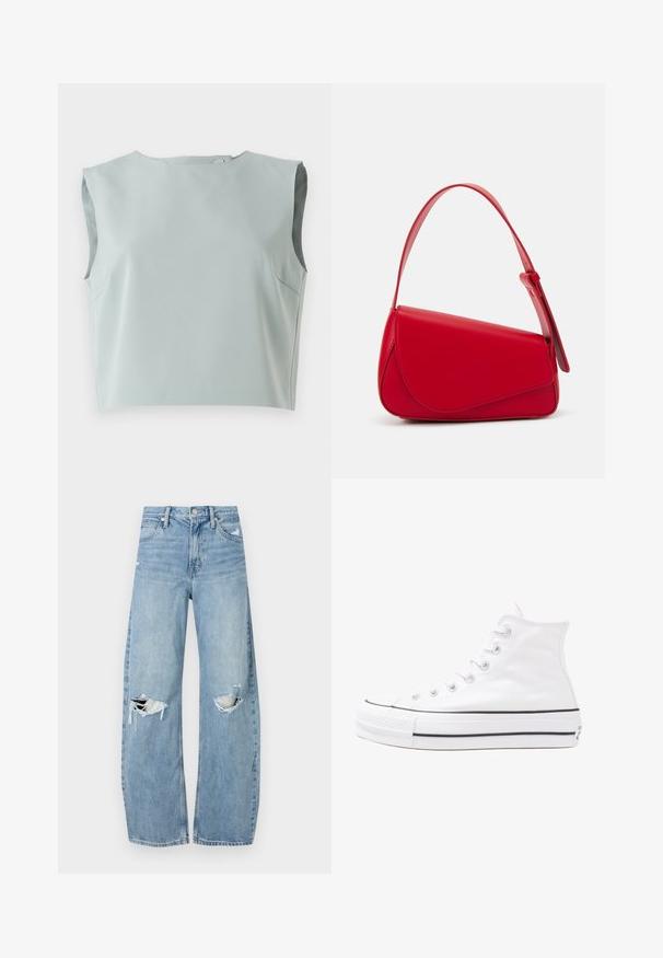 Smeigūs, be rankovių trumpi marškiniai iš minkštos, šviesiai mėlynos medžiagos. Turi apvalią iškirptę ir subtilius siūlų akcentus, pagaminti iš lengvos medžiagos.; Šviesiai mėlynos, aukštu juosmeniu džinsai pagaminti iš džinsinio audinio. Turi plačias kojų kelnes, dvi suplėšytas kelio vietas ir klasikinį penkių kišenių dizainą.; Balti aukštakulniai drobės sportbačiai su juodu guminio pado, priekinio guminio piršto dangteliu ir šešiais akytėmis raištams, pasižymintys švariu, minimalistiniu dizainu.; Raudona odinė rankinė su kampuota, geometrine forma. Pasižymi viena reguliuojama dirželiu ir dangteliu su siuvinėtais dekoracijomis.