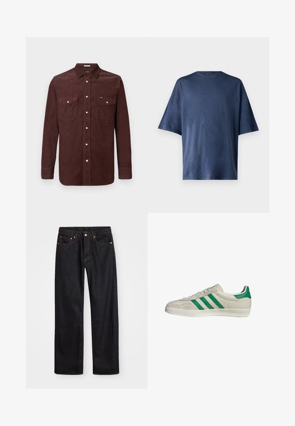 Braune Cordhemd mit langen Ärmeln, Druckknöpfen, zwei Brusttaschen mit Klappen und kleinem Wrangler-Logo auf der linken Tasche.; Marineblaue Kurzarm-T-Shirt aus weichem Stoff, mit klassischen Rundhalsausschnitt und lockerer Passform, ohne sichtbare Muster oder Akzente.; Herren gerade geschnittene schwarze Jeans aus Denim mit fünf Taschen und orangefarbenen Nähten, Knopf- und Reißverschluss vorne am Bund.; Beige Sneaker mit grünen Streifen, ausgestattet mit einer weißen Sohle und einem Obermaterial aus glattem Leder. Seitenansicht, die die Schnürdetails und das Logo hervorhebt.