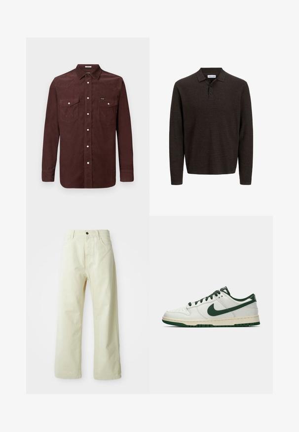 Langarm bruin corduroy shirt met drukknoopsluitingen, twee borstzakken met kleppen en een klein Wrangler-logo op de linkerzak.; Bruine lange mouwen polo-shirt gemaakt van textuurstof. Beschikt over een klassieke kraag en drie knopen aan de voorkant. Casual pasvorm met geribde manchetten.; Lichtgele, wijde broek van denim, met een sluiting met voorknop, vijf zakken en een rechte, onversierde stijl.; Witte lage sneakers met een donkergroene Nike swoosh, veters en accentkleuren op de zool, weergegeven in profiel op een effen witte achtergrond.