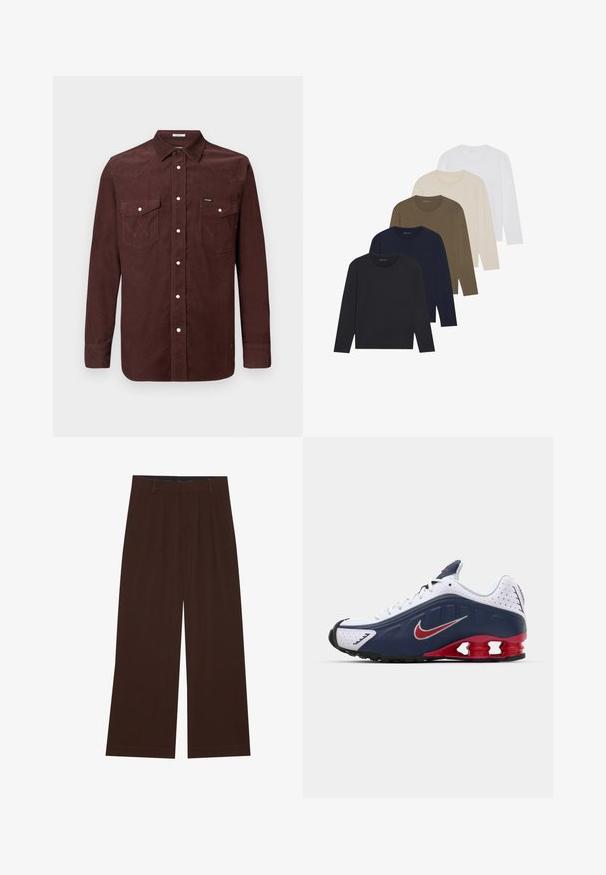 Pikkade varrukatega pruunist kõrvitsakootsärgist, mis on varustatud nupukinnitustega, kahe rinna-taskuga, millel on klappkinnitused, ja väikese Wrangleri logoga vasakul taskul.; Viis pikkade varrukatega särki värvigraadiga: tume laevastiku sinine, laevastiku sinine, oliiviroheline, beež ja valge. Igal särgil on ümar kaelus ja sile tekstuur.; Pruunid laiad püksid voldikutega. Valmistatud siledast kangast, millel on kohandatud vöökoht ja küljetaskud. Tasane äär all.; Valge ja navy sinine spordijalats punaste accentidega, võrkmaterjalist paneelid, pehmendustega krae ja eristuv talladisain, mis sisaldab nähtavaid pehmenduselemente.