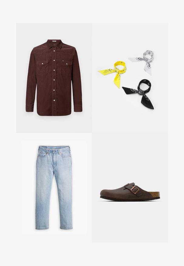 Langermet brun cordfløyelskjorte med trykknapper, to brystlommer med klaffelukking og liten Wrangler-logo på venstre lomme.; Lyseblå denimjeans med rett ben-design, fem-lommers stil og kontrastsøm. Knappe- og glidelåslukking i livet.; Brunt lærkloss med en bred stropp og en kobberlås, med en teksturert kork fotbed og en tykk svart gummisåle.; Tre båndanaer: en gul med svarte mønstre, en hvit med svarte design, og en svart med hvite grafikker. Alle er kvadratiske, lettvektige stoffer.