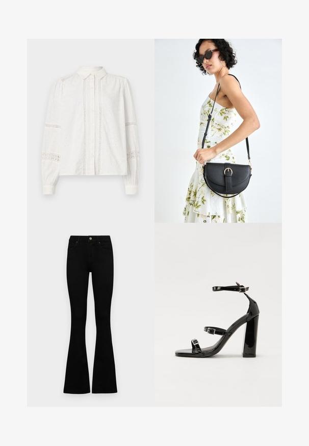 White cotton blouse featuring a button-front closure, long sleeves, and decorative eyelet detailing along the seams and sleeves.; Black high-waist jeans with a button and zip closure, front pockets, and flared legs laid flat on a white background.; Black patent high-heeled sandals with two buckle straps, square toe, and a chunky block heel, featuring a smooth, glossy texture.; Black leather handbag with a curved shape, detachable strap, and gold hardware. The bag features a flap with a buckle detail.