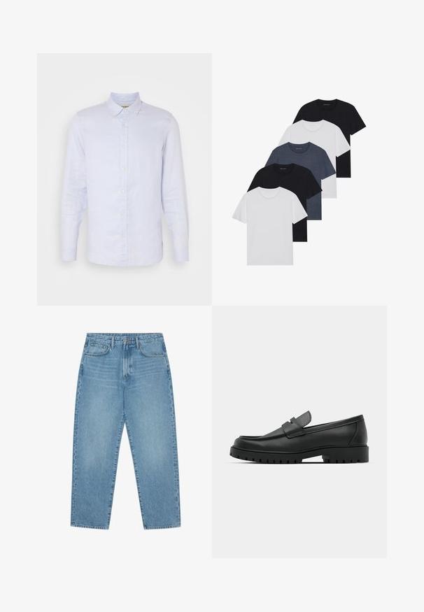 Gaiši zils linu krekls ar garām piedurknēm, pogājamā apkakle, priekšpuses pogu aizdare un gluda virsma. Satur smalkas austas detaļas.; Piecu T-kreklu komplekts melnā, baltā un tumši zilā krāsā. kokvilnas audums, īsas piedurknes, apļveida kakla dizains un vienkārša faktūra bez rakstiem.; Gaiši zili denim auduma platgala bikses ar augstu jostasvietu, ar piecām kabatām, jostu cilpām un mīkstu, nedaudz nodilušu tekstūru.; Melnas ādas loafers ar noapaļotu purngalu, ar izšūtu dizainu, zemu platformas zoli un teksturētu, rievotu gumijas ārējo zoli.