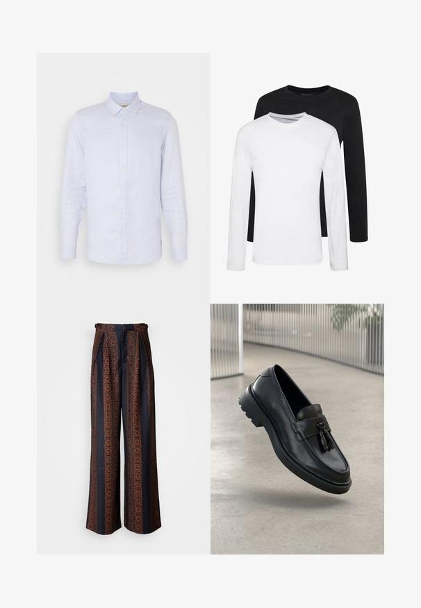 Lichtblauw linnen shirt met lange mouwen, button-down kraag, sluiting met knopen aan de voorkant en een gladde textuur. Bevat subtiele geweven details.; Twee longsleeves, één zwart en één wit, gemaakt van katoen met ronde hals en een gladde textuur, gepresenteerd in een gestapelde opstelling.; Zwarte wijde broek in donkerblauwe stof met een ingewikkeld oranje geometrisch patroon, met een geplooide voorkant en een aansluitende tailleband.; Zwarte leren loafers met een gladde afwerking, decoratieve kwast, dikke rubberen zool en gestikte accenten. Lichtgewicht en strak ontwerp.