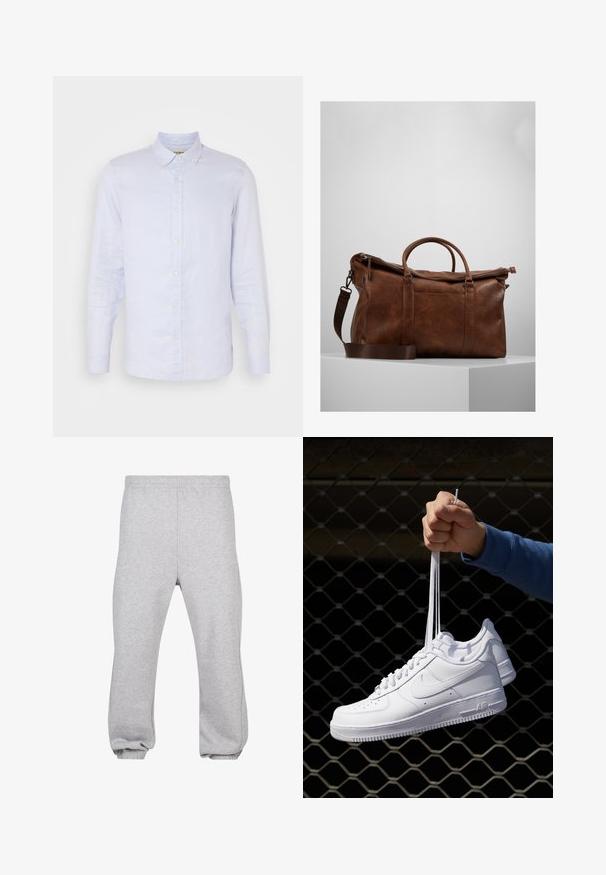Chemise en lin bleu clair avec manches longues, col boutonné, fermeture par boutons sur le devant et texture lisse. Présente des détails tissés subtils.; Pantalons de survêtement gris en mélange de coton, dotés d'une taille élastique, de jambes fuselées et d'ourlets côtelés. Design simple sans motifs.; Baskets en cuir blanc avec perforations, à bout rond, semelle plate et lacets épais, arborant un logo swoosh visible et "AIR" sur le talon.; Sac de voyage en cuir marron avec fermeture éclair, doubles poignées, bandoulière réglable et motifs de texture visibles sur la surface.