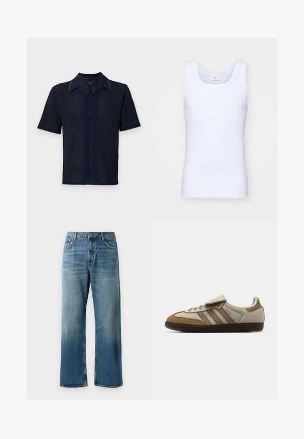 Námořnická košile s krátkým rukávem s texturovaným žebrovaným vzorem, kontrastním límcem a pěti knoflíky na přední straně.; Bílé bavlněné tílko bez rukávů s kulatým výstřihem, s hladkou texturou a přiléhavým střihem, navržené pro volnočasové nošení.; Svetle modré kalhoty s širokými nohavicemi a vybledlým vzhledem, vybavené zapínáním na jeden knoflík, pěti kapsami a kontrastním prošíváním.; Hnědé a krémové sportovní boty se třemi béžovými pruhy, vyrobené z semišové a kožené materiály, s šněrovacím designem a gumovou podešví. Textové logo na boku.
