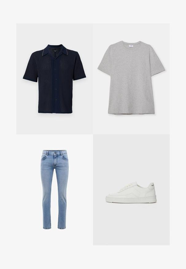 Marineblaues Kurzarmhemd mit strukturiertem Rippdesign, kontrastierendem Kragen und fünf Knöpfen an der Vorderseite.; Graues T-Shirt mit kurzen Ärmeln aus weichem, strukturiertem Stoff. Verfügt über einen klassischen Rundhalsausschnitt und einen geraden Saum, geeignet für legere Trageanlässe.; Hellblaue, slim-fit Jeans aus Denim mit fünf Taschen und geradem Bein. Mit Reißverschluss und Gürtelschlaufen ausgestattet. Weicher Stoff.; Weiße Ledersneaker mit glatter Oberfläche, runder Zehenpartie, flachen Schnürsenkeln und strukturiertem Sohlenprofil. Mit einem dezenten Logo an der Ferse.