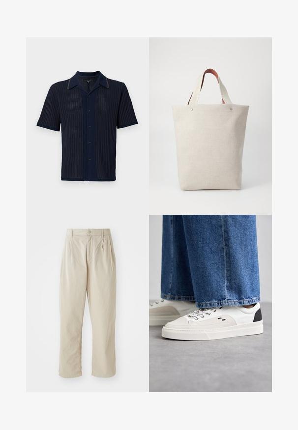 Granatowa koszula z krótkim rękawem z teksturowanym żebrowanym wzorem, z kontrastowym kołnierzykiem i pięcioma guzikami z przodu.; Beżowe, lekkie spodnie o luźnym kroju, z zakładkami z przodu, zapięcie na guzik i mankiety na końcach. Gładka tekstura, minimalistyczny design.; Białe i czarne sneakersy z gładką skórzaną cholewką, teksturowanymi akcentami oraz masywną białą podeszwą. Posiadają klasyczny system sznurowania.; Torba na ramię w jasnym beżowym materiału o fakturowym wykończeniu, z dwoma kontrastowymi brązowymi skórzanymi uchwytami i metalowymi akcentami u góry.