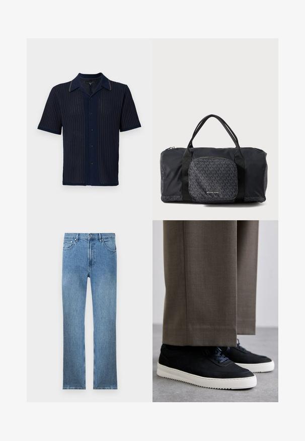Camicia corta in colore navy con design a coste testurizzate, colletto a contrasto e cinque bottoni sul davanti.; Jeans in denim azzurro chiaro con taglio dritto, cinque tasche, chiusura con cerniera e cuciture a contrasto. Il tessuto ha una finitura liscia e strutturata.; Sneakers in suede nera con suole in gomma bianca, dotati di punta tonda e lacci, indossati con pantaloni grigi su misura.; Borsa duffel nera Michael Kors con manici doppi, tasca anteriore con zip caratterizzata da un motivo ripetuto del logo MK e marchio Michael Kors.