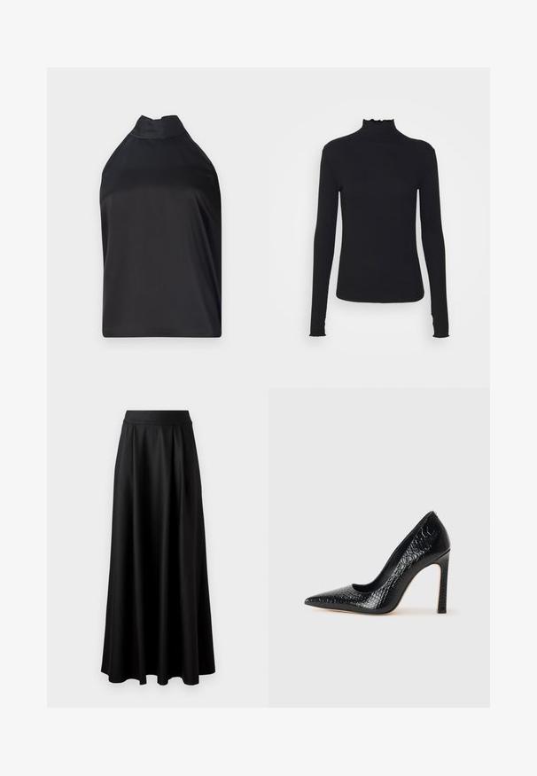 Melns halter top no gludas auduma, ar augstu apkakli un brīvu piegriezumu, bez redzamām aizdarem vai rotājumiem.; Melnas garām piedurknēm turtleneck blūze, izgatavota no gludas auduma, ar krokotu apkakli un pieguļošu siluetu, kas ir ar vienkāršām malām.; Melnas, grīdai pieguļošas svārki ar gludu tekstūru, platām jostām un pleitu dizainu, bez redzamām apdrukām vai rotājumiem.; Melni augstpapēžu apavi ar norādītu purngalu, ar krokodila ādas tekstūru, izceļoties ar elegantu dizainu, augstu stiletto papēdi un gludu melnu interjeru.