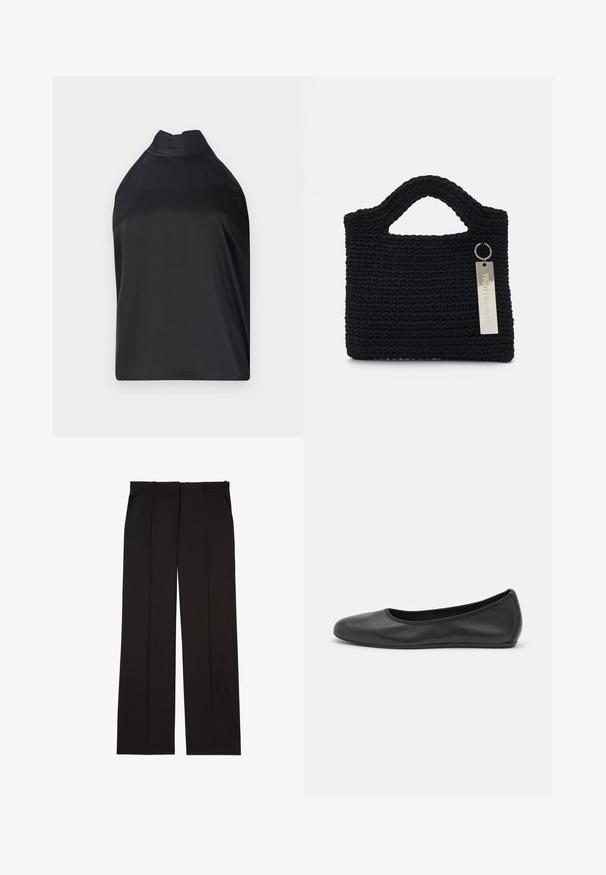 Crna halter top majica od glatkog materijala, s visokim ovratnikom i ležernim krojem bez vidljivih kopčanja ili ukrasa.; Crne krojene hlače izrađene od glatkog materijala, s ravnim krojem i dva bočna džepa. Elegantna i minimalistička konstrukcija.; Crne kožne baletanke s zaobljenim vrhom, glatke teksture, minimalnim detaljima šavova i fleksibilnim dizajnom potplata.; Won Hundred MARSIELLE COMPUTER BAG UNISEX - Torba za prijenosno računalo - black