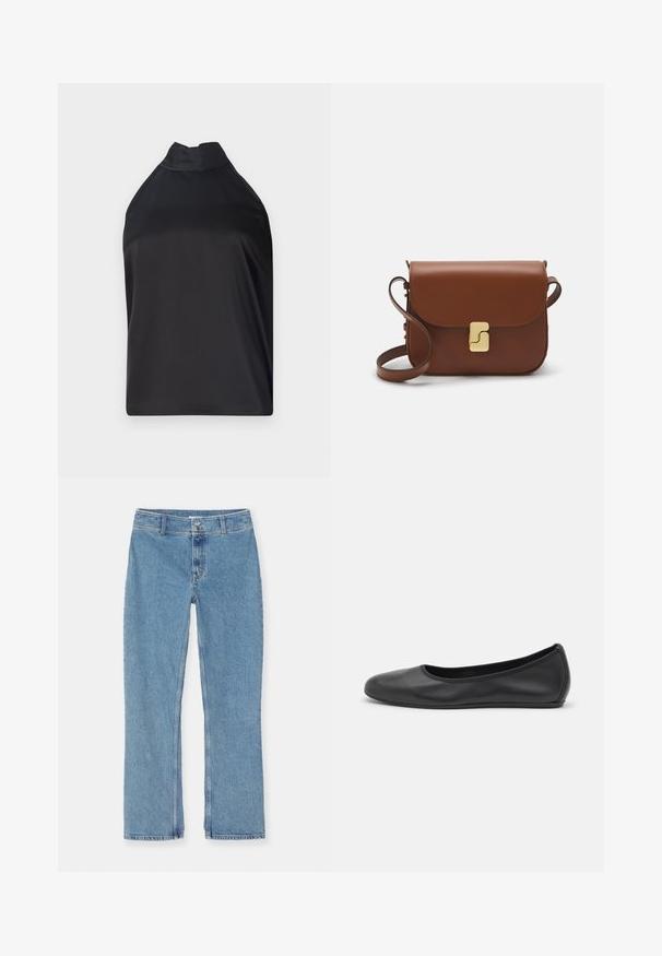 Haut noir à col halter fait d'un tissu lisse, avec un col haut et une coupe ample sans fermetures ni embellissements visibles.; Jean en denim bleu clair à jambe droite avec fermeture à bouton et à fermeture éclair, passants de ceinture et couture standard sur fond blanc.; Ballerines en cuir noir avec un bout rond, texture lisse, détails de couture minimalistes et design de semelle flexible.; Sac à main en cuir marron avec une fermeture à rabat, des accents en métal doré, une bandoulière et une texture lisse. Forme rectangulaire compacte.