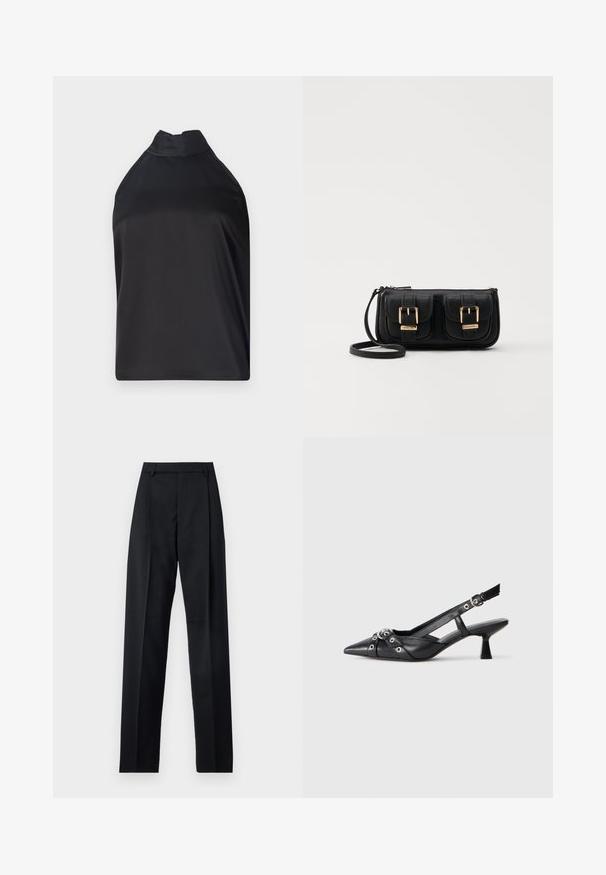 Melns halter top no gludas auduma, ar augstu apkakli un brīvu piegriezumu, bez redzamām aizdarem vai rotājumiem.; Melnas bikses, izgatavotas no gludas auduma, ar augstu vidukli, platiem bikšu galdniekiem, priekšējiem krokām un klasiskām jostu cilpām. Sānu kabatas nav redzamas.; Melnas ādas šlipsveida kurpes ar norādītu purngalu, dekoratīvām joslām ar metāla acīm un zemu bloku papēdi. Teksturēta virsma.; Melnas ādas crossbody soma ar divām priekšējām kabatām, zelta sprādzēm, ar rāvējslēdzēju aizdari un šauru siksnu. Strukturēta virsma un kompakta taisnstūra forma.