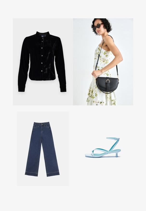 Black velvet shirt with long sleeves, collar, and button-up front. Smooth texture with a glossy finish. Features silver buttons.; Wide-leg jeans in dark blue denim. Features five pockets, belt loops, and a raw hem at the bottom with visible stitching details.; Light blue strappy sandal with a square toe, low heel, adjustable ankle strap, and smooth, glossy finish. Crossed straps on the footbed.; Black leather handbag with a curved shape, detachable strap, and gold hardware. The bag features a flap with a buckle detail.
