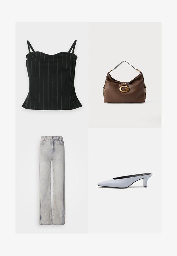 Čierna tielko s tenkými vertikálnymi pruhmi, má špagetové ramienka, výstrih do srdca a rozšírený lem na spodnej časti.; Svetlomodré široké džínsy vyrobené z denimu s vyblednutým umývaním, s pásom na zips, piatimi vreckami a kontrastným stehom.; Svetlomodrá lakovaná mule s špicatou špičkou, nízkym priehľadným opätkom a elegantným dizajnom s vykrojením na prednej časti.; Hnedá kožená kabelka s textúrovaným povrchom, so zlatým kovovým zapínaním a jedným zakriveným ramenným popruhom.