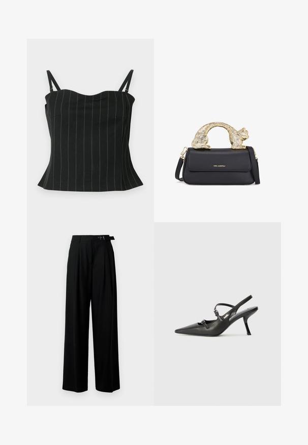 Canotta nera con sottili righe verticali, caratterizzata da spalline sottili, scollatura a cuore e orlo svasato nella parte inferiore.; Pantaloni neri a gamba larga con vita alta, pieghe nella parte anteriore e una cintura con fibbia. Realizzati in tessuto liscio e leggero.; Scarpe slingback nere in pelle con punta affilata, tacco sottile e dettaglio decorativo a fibbia sulla tomaia. Texture liscia e design elegante.; Borsa a tracolla in pelle nera con manico a forma di gatto dorato, dotata di pattina frontale, tracolla regolabile e dettaglio logo sulla parte anteriore inferiore.