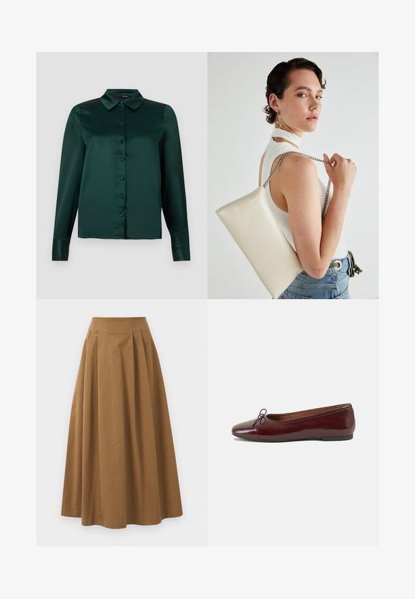 Temno zelena satenasta bluza z dolgimi rokavi, s koničastim ovratnikom in sprednjimi gumbi. Gladka tekstura in prilegajoča zasnova.; Rjava bombažna A-linijska krila z visokim pasom, ki vključuje naborke spredaj in gladko teksturo. Robovi so čisti in preprosti.; Burgundska patenti usnjeni baletni čevlji z zaobljenim prstom, majhnim lokom na sprednji strani in nizkim črnim gumijastim podplatom. Gladka tekstura.; Bela pravokotna torbica za ključe iz sijajnega materiala, opremljena s srebrno verižico. Model pozira in prikazuje torbico na enobarvni podlagi.