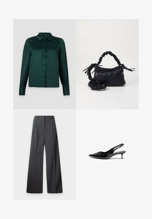 Blusa de cetim verde-escuro com mangas longas, colarinho pontiagudo e botões frontais. Textura suave e design ajustado.; Calças de perna larga em tecido cinza escuro, apresentando uma cintura alta, pregas simples e uma textura suave com um acabamento limpo nas bainhas.; Sapatos de salto alto slingback em couro preto com bico fino, pequeno salto kitten e um detalhe decorativo em forma de nó na parte da frente. Textura suave em toda a parte.; Bolsa de mão em couro sintético preto com textura de crocodilo, topo franzido e alça enrugada. Apresenta um design suave e compacto.