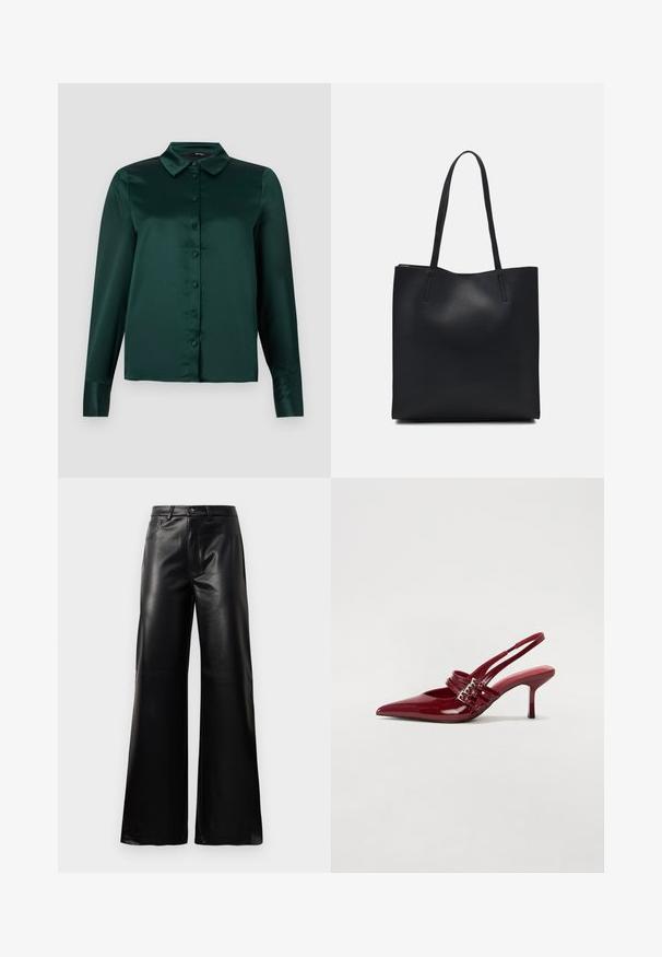 Dark green satin blouse with long sleeves, a pointed collar, and front buttons. Smooth texture and fitted design.; Black high-waist wide-leg faux leather pants with front button, zip closure, belt loops, and side pockets on white background.; Red patent leather slingback heels with a pointed toe, two buckle straps, and a slim, mid-height stiletto heel. Smooth texture.; Black leather tote bag with smooth texture, rectangular shape, and two long handles. No visible hardware or embellishments.