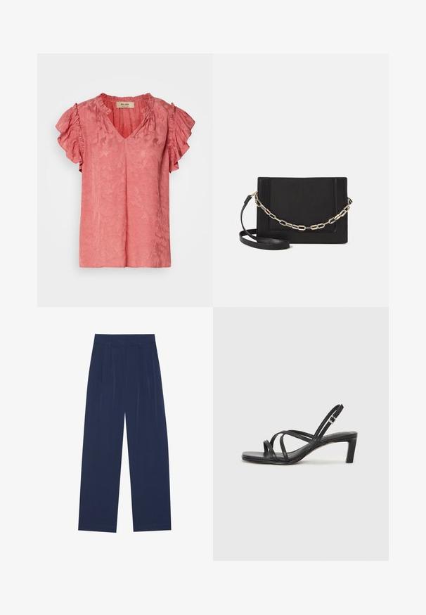 Růžová blůza s krátkými rukávy a volánkovými rukávy, s výstřihem do V, texturovaným květinovým vzorem a jemným povrchovým zpracováním. Značka viditelná uvnitř límce.; Námořnické modré široké kalhoty vyrobené z jemné látky, s předními záhyby, hladkou texturou a rovný střih bez viditelných kapes.; Černé sandály na tenkém podpatku se čtveratou špičkou a nízkým blokovým podpatkem. Mají několik tenkých popruhů a nastavitelné zapínání okolo kotníku. Vyrobeny z hladké kůže.; Černá kožená crossbody taška s hladkým povrchem, obdélníkovým tvarem a kovovým řetízkem na přední straně. Součástí je nastavitelný popruh.