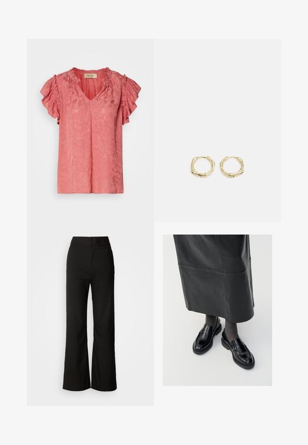 Vaaleanpunainen lyhythihainen paita, jossa on röyhelöhihnat, V-pääntie, teksturoitu kukkakuosi ja pehmeä kangaspinta. Merkkilappu näkyvissä kauluksessa.; Mustat leveät housut, joissa on sileä pinta, korkea vyötärö ja siisti muotoilu. Ei näkyviä taskuja tai koristuksia.; Musta nahka loaferit sileällä pinnalla, jossa on koristeellinen hihna, pyöreä kärki ja teksturoitu pohja. Yhdistetty pitkän mustan nahkahameen kanssa.; Kultaiset renkaat, joissa on teksturoitu, epäsäännöllinen muoto. Varustettu saumattomalla suljinnalla ja kiillotetulla pinnalla, mikä korostaa modernia muotoilua.