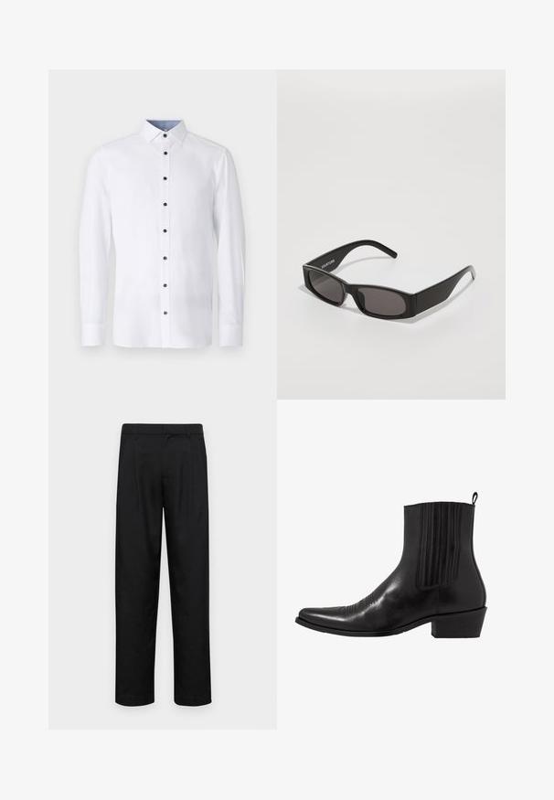 Chemise blanche à manches longues avec un col classique, boutons noirs sur le devant, et détail intérieur de col bleu clair contrastant. Texture de tissu lisse.; Pantalons noirs en tissu lisse, avec une coupe droite, deux plis avant et une taille standard avec passants de ceinture.; Bottine noire en cuir avec un bout pointu, des panneaux latéraux élastiques, des accents de coutures verticales et un petit talon bloc.; Lunettes de soleil rectangulaires noires avec des verres sombres, une monture en plastique lisse et un logo subtil sur la tige gauche. Design minimaliste.; Noeud papillon noir avec un motif diagonal texturé, de forme étroite et à pointe. Fabriqué en un tissu lisse, adapté aux occasions formelles.