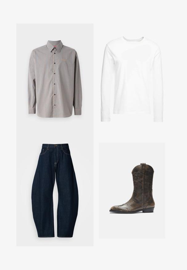 Overhemd met knoopsluiting in een blauw en oranje geruit patroon, lange mouwen, met een puntige kraag en een klein logo op de borstzak.; Langsleeve witte t-shirt gemaakt van zachte katoen. Ronde halslijn met rechte zoom en geen zichtbare patronen of graphics.; Donkerblauwe denim jeans met een wijde broekspijpen ontwerp, met opvallende stiksels, vijf zakken en een messing knoopsluiting op de tailleband.; Bruine leren cowboylaars met een hoge schacht, spitse neus, ingewikkelde stikpatronen en een kleine hak. Gevarieerde afwerking overal.