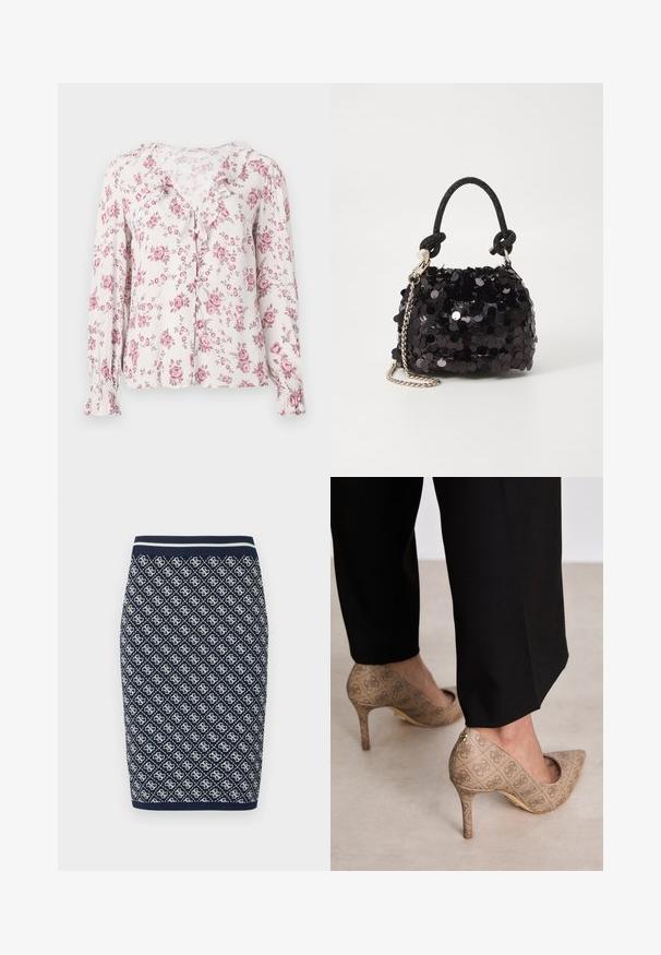 Blusa floreale con maniche lunghe, tessuto morbido, rose rosa su uno sfondo chiaro, dotata di scollatura arricciata e chiusura a bottoni.; Gonna a matita in maglia navy e bianca con un motivo geometrico a diamante. Presenta una vita elasticizzata a strisce e una superficie liscia.; Scarpe con tacco alto beige in tessuto testurizzato con un motivo ripetuto. Design con punta appuntita e dettaglio dorato sul tacco.; Mini borsa a tracolla nera in paillettes con una tracolla texturizzata annodata e catena argentata. Forma rotonda con parte superiore arricciata e dettagli riflettenti.
