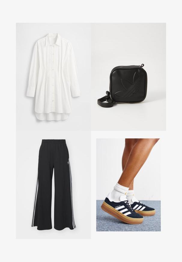 Biela košeľa s dlhým rukávom z bavlny; má zapínanie na gombíky vpredu, špicatý golier a zakrivený lem s mierne dlhším zadným dielom.; Čierne široké teplákové nohavice s elastickým pásom, so bielymi bočnými prúžkami a výšivkou loga na ľavom stehne.; Čierne semišové tenisky s bielymi pruhmi a detailmi, so zaoblenou špičkou, podrážkou z gumovej gumy, doplnené bielymi rebrovanými ponožkami.; Čierna štvorec krossbody taška vyrobená z textúrovaného syntetického materiálu. Obsahuje embosovanú logo úpravu a nastaviteľný popruh. Zapínanie na zips.