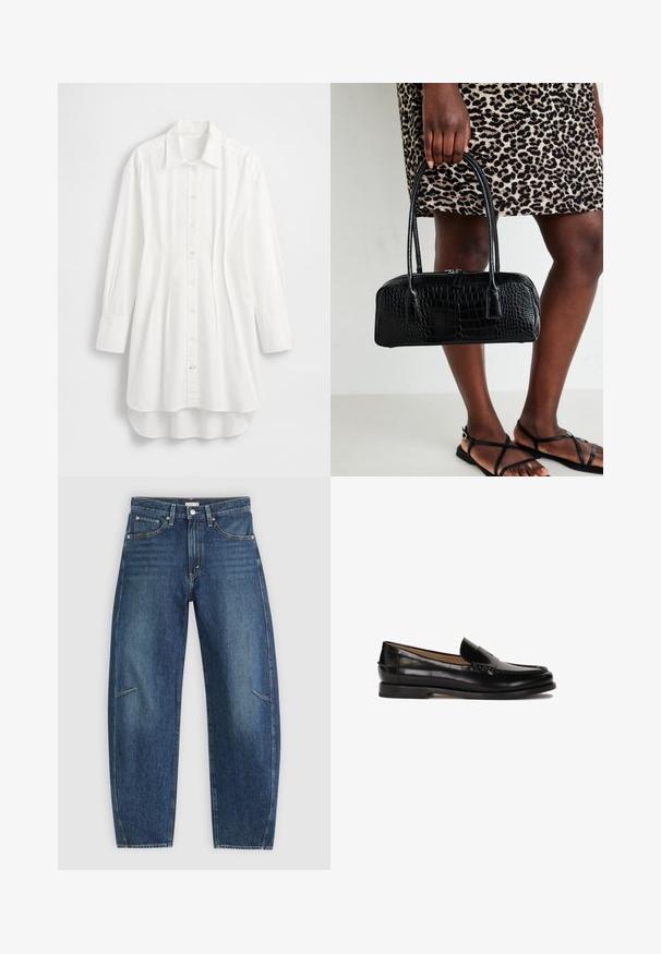 Camicia bianca a maniche lunghe in cotone; presenta chiusura frontale con bottoni, colletto appuntito e orlo curvo con parte posteriore leggermente più lunga.; Jeans in denim blu scuro con design a gamba dritta, caratterizzati da tasche anteriori, cuciture a contrasto e una leggera texture sbiadita lungo le gambe.; Mocassino in pelle nera con punta arrotondata, design slip-on e dettagli di cucitura discreti lungo la parte superiore. Suola piatta in gomma.; Borsa nera in pelle effetto coccodrillo con due manici e chiusura con zip. La borsa ha una forma rettangolare e una finitura lucida.