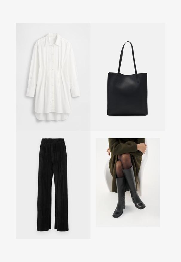 Fehér hosszú ujjú pamut ing; elöl gombos, hegyes gallérral és ívelt aljjal, amely hátul kissé hosszabb.; Fekete pliszírozott nadrág gumis derekkal. Széles lábakkal rendelkezik, sima, texturált anyagból készült, függőleges csíkokkal.; Térdfelett érő fekete bőr csizmák négyzet alakú orral és tömbtalppal, olajzöld kabátban ülő modellel bemutatva. Simaság, minimalista részletezés.; Fekete bőrtáska sima felszínnel, téglalap alakú, két hosszú füllel. Nincs látható fémkiegészítő vagy díszítés.