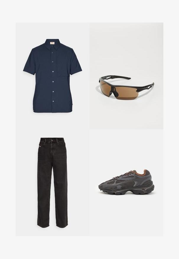 Tamsiai mėlynas trumpų rankovių marškinėliai, pagaminti iš audinio, su priekyje esančia kišene, mygtuko uždarymu ir klasikinio kirpimo apykakle.; Balta medvilninė marškinė su trumpomis rankovėmis, apvaliu kaklu ir subtiliu Levi's logotipu viduryje. Minkšta tekstūra ir standartinė išvaizda.; Juodos denimo plačios kelnės su aukšta juosmens linija, priekyje su mygtukų užsegimu, dviem šoninėm kišenėm ir subtiliais siuvinėjimo akcentais.; Lacoste sportbačiai tamsiai pilki, pagaminti iš tinklinės ir sintetinių medžiagų, su tekstūruotu padu ir rudomis detalėmis ant apykaklės bei prekės ženklo.; Sportiški akiniai nuo saulės su juodu rėmu, rudais tonuotais stiklais ir tekstūruotais juodais akcentais ant šventyklų. Lengvas ir aerodinaminis dizainas.