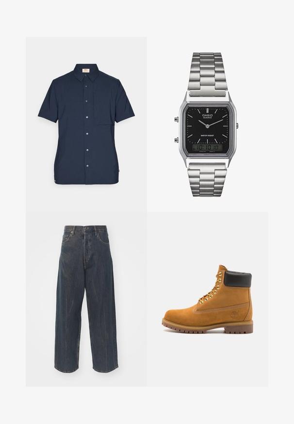 Polo majica s kratkimi rokavi v mornarsko modri barvi, izdelana iz tkanine, z našitkom na sprednji strani, gumbom za zapiranje in klasičnim ovratnikom.; Široke temno modre jeans hlače iz denima z diskretnimi poškodovanji, petimi žepi ter klasično zaponko in zadrgo v pasu.; Svetlo rjave anklne čizme iz semiša z črnim oblazinjenim ovratnikom, zlatimi kovinskimi očesci, belimi šivi in robustnim gumijastim podplatom s izrazitimi tredi.; Srebrna quartz ura iz nerjavečega jekla z črnim pravokotnim številcem, ki ima analogne kazalce, digitalni prikaz in oznako za vodoodpornost.