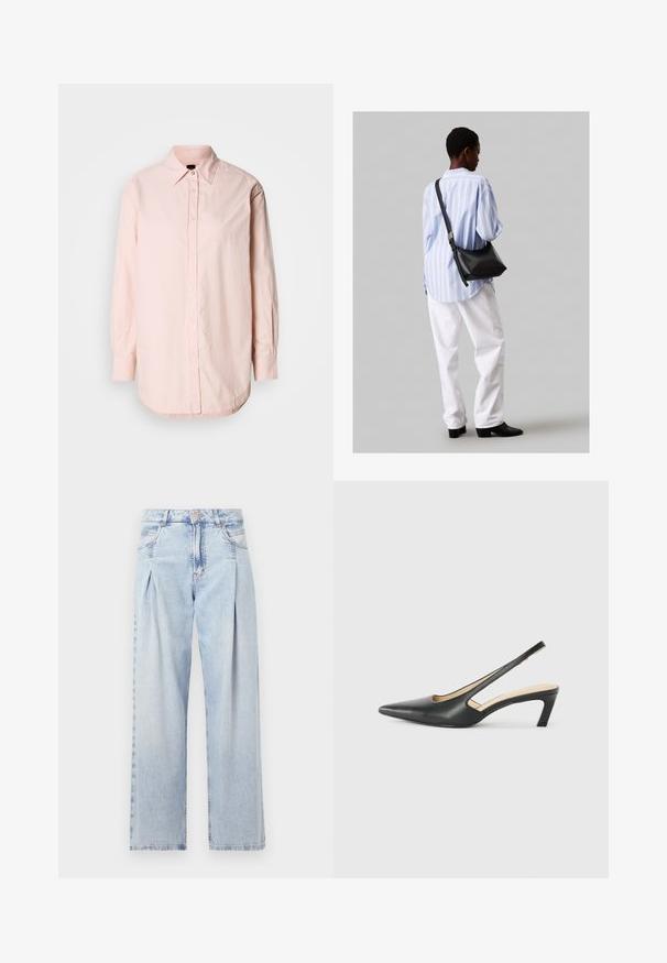 Šviesiai rožinė marškinėlių bliuska su smailiu apykaklės kraštu, ilgomis rankovėmis ir išlenktu kraštu. Turintys švelnų tekstūrą ir mažą siuvinėtą detalę.; Šviesiai mėlyni džinsai su aukštu liemeniu, plačiomis kojomis, dviem šoninėmis kišenėmis ir raukinių dizainu. Minkšta tekstūra su nudilusia apdaila.; Juodas smailus slingback batelis su žemu kulnu, pagamintas iš lygaus odos paviršiaus ir su išpjovomis šone, užtikrinančiomis oro pralaidumą.; Juodas odinis petinis krepšys su minkšta tekstūra, trikampiu pavidalu ir reguliuojama juosta, derinamas su šviesiai mėlynu dryžuotu marškinėliu ir baltais džinsais.