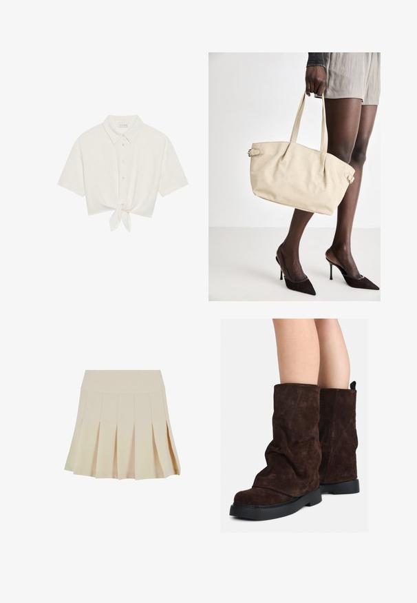 Korthåret skjorte med korte ærmer i lys beige linned, med knaplukning og bånddetalje i kanten. Glat tekstur med klassisk krave.; Beige plisseret nederdel med en tætsiddende talje, lavet af et glat stof. Har flere lodrette plisser og en lige kant.; Brune ruskind støvler til midt på læggen med sorte gummisåler, båret på bar ben, med let rynkning på støvleskaftet.; Beige tote taske med en glat læderfinish, struktureret form, to håndtag og sidebuckle-detaljer. Parret med elegante sorte hæle.