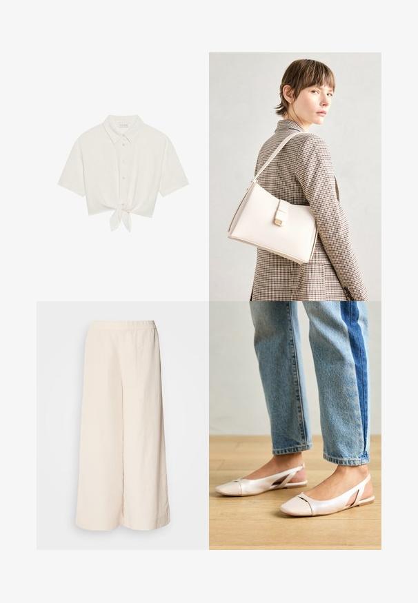 Ingekorte T-shirt met korte mouwen in lichtbeige linnen, met een knoopsluiting aan de voorkant en een strikdetail aan de onderrand. Soepele textuur met een klassieke kraag.; Crème wijde broek met een elastische tailleband, met een ontspannen pasvorm en een gladde textuur, geschikt voor casual gebruik.; Zachtroze slingback ballerina's met een spitse neus, gemaakt van een glad leerachtig materiaal. Bevat uitsnijdingen aan de zijkanten en heeft een platte hak.; Witte leren handtas met een gestructureerd ontwerp, voorzien van een magneetsluiting en een schouderriem, tentoongesteld tegen een neutrale achtergrond.