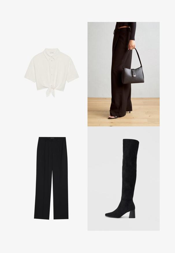 Lyhythihainen, cropped-paita vaaleasta pellavasta, jossa on napitus edessä ja solmuseikko helman kohdalla. Sujuva rakenne ja klassinen kaulus.; Mustat housut suoralla lahkeella, joissa on kaksi etutaskua ja vyötärö. Valmistettu sileästä, kevyestä kankaasta.; Musta samettinen polvipitkä saapas, jossa on lohkarekorko, terävä nilkka ja sileä, saumatonta muotoilua tasaisella vaalealla taustalla.; Musta käsilaukku, jossa on rakenteellinen muoto, sileä pinta ja metallinen solki. Yhdistetty leveisiin mustiin housuihin ja avonaiheisiin sandaaleihin puulattialla.