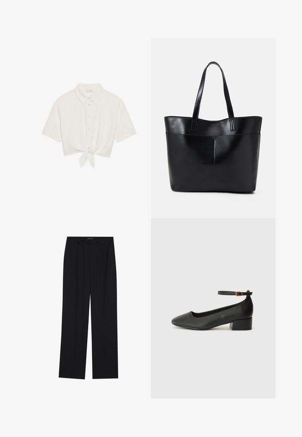 Šviesiai bežinė lininė marškinėlė su trumpomis rankovėmis, trumpomis rankovėmis, su mygtukų užsegimu ir raišteliu prie apatinės dalies. Lygus paviršius su klasikiniu apykakle.; Juodos kelnes su tiesiomis sijonais, turinčios dvi priekinės kišenės ir juosmenį. Pagamintos iš lygios, lengvos medžiagos.; Juodas odinis aukštakulnis batelis su smailiu pirštu ir žemu bloku. Su kulkšnies dirželiu su auksinės spalvos sagtimi. Lygus paviršius.; Juoda odinė rankinė su dviem ilgais diržais, lygiu paviršiumi ir struktūrizuota forma. Yra priekinė kišenė papildomam saugojimui.