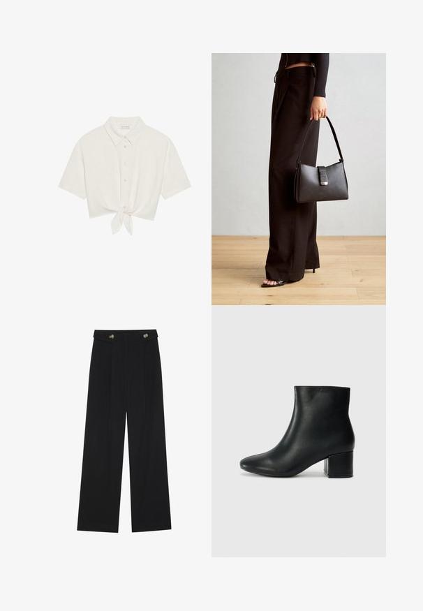Camicetta a maniche corte, cropped, in lino beige chiaro, con chiusura a bottoni e dettaglio a fiocco all'orlo. Tessuto morbido con colletto classico.; Pantaloni neri a gamba larga con vita alta, dettagli con bottoni in vita e pieghe frontali.; Stivali neri in pelle fino alla caviglia con punta appuntita e tacco spesso. Texture liscia con minimi dettagli e un design elegante e aderente.; Borsa nera con forma strutturata, texture liscia e una chiusura metallica. Abbinata a pantaloni neri larghi e sandali open-toe su un pavimento in legno.