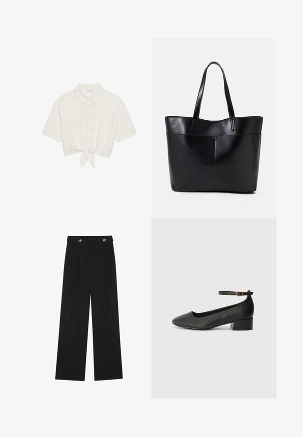 Cropped short-sleeve shirt in light beige linen, featuring a button front and tie detail at the hem. Smooth texture with a classic collar.; Black wide-leg trousers with high waist, button details on waistband, and front pleats.; Black leather pump with a pointed toe and a low block heel. Features an ankle strap with a gold-tone buckle. Smooth texture.; Black leather tote bag with two long handles, a smooth texture, and a structured shape. Features a front pocket for additional storage.